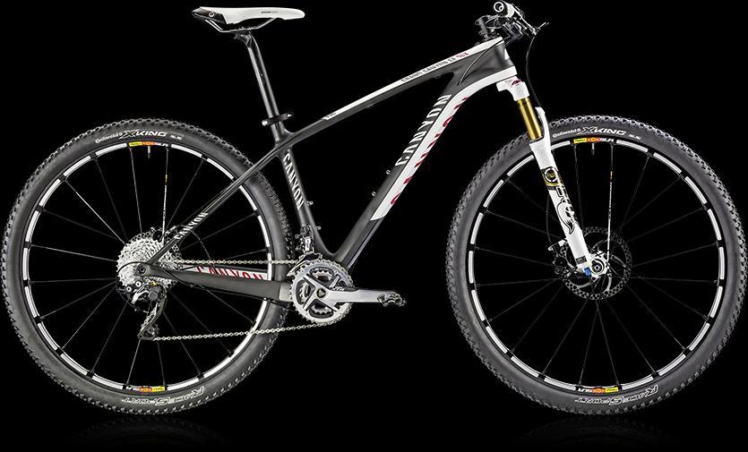 Canyon Grand Canyon CF SLX 9.9 SL: A sleek mountain bike featuring a lightweight frame, front suspension forks, and high-performance tires, set against a black background. The bike showcases a combination of gray and white colors with red accents, designed for off-road biking.