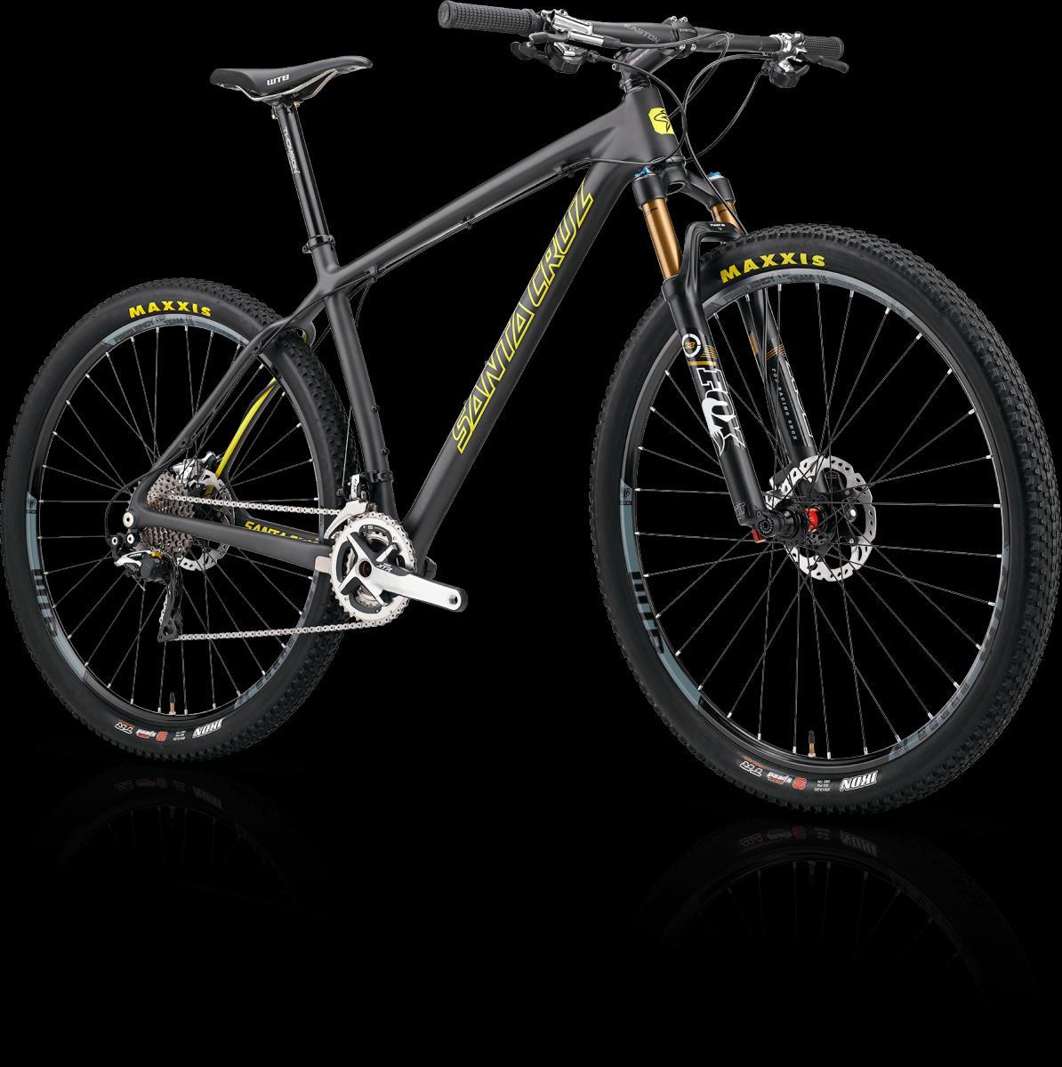 Santa Cruz Highball C: A black and yellow mountain bike with a sleek design, featuring a lightweight frame, front suspension, and disc brakes. The bike has Maxxis tires and a modern aesthetic suitable for off-road cycling.