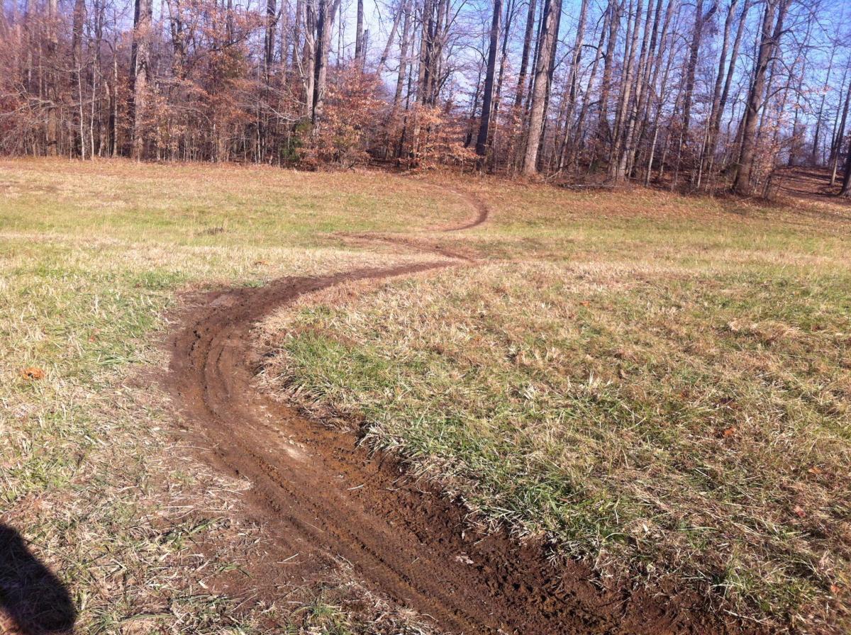 A dirt path winding through a grassy area, surrounded by trees with bare branches in a clear sky. The trail curves gently towards the left, indicating a transition from open field to wooded terrain. Rosaryville State Park mountain bike trail.