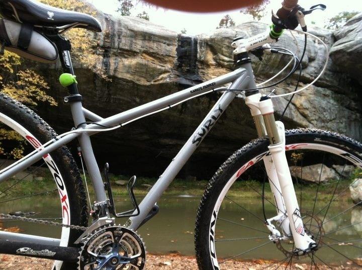 Surly Karate Monkey: A close-up view of a silver Surly mountain bike positioned near a tranquil pond, with a rocky cliff and autumn foliage in the background. The bike features prominent tires, a front suspension fork, and a water bottle holder, showcasing its design for outdoor activities.