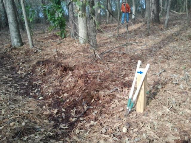 A wooded area with fallen leaves covering the ground. In the foreground, a wooden signpost with a blue arrow points towards a shallow ditch. A person in an orange jacket is visible in the background, standing among the trees. Boyd Pond mountain bike trail.