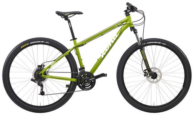 Kona Lava Dome: Alt tag: A green mountain bike with a lightweight frame, featuring disc brakes and rugged tires, positioned against a plain background.