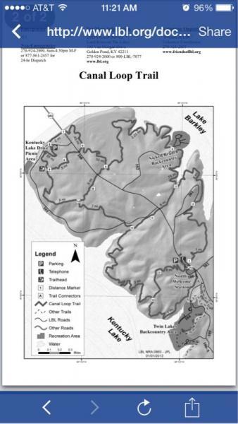 Map of the Canal Loop Trail at Land Between the Lakes, Kentucky, showing marked trails, parking areas, and landmarks such as Kentucky Lake and Lake Barkley. Includes a legend for navigation. Canal Loop mountain bike trail.