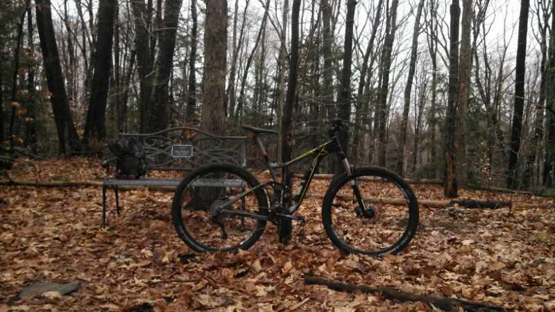 A mountain bike is parked next to a bench in a forested area, surrounded by fallen leaves. The trees are bare, indicating it might be autumn or early winter. Kingman Farm mountain bike trail.
