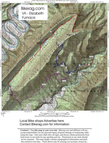 A topographic map of the Elizabeth Furnace area in Virginia, featuring marked bike trails in red and blue. The map includes contour lines indicating elevation changes and labels for various locations. A warning and contact information for local bike shops are listed at the bottom. Elizabeth Furnace mountain bike trail.