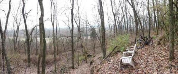 A panoramic view of a forested area during early spring, featuring bare trees and scattered leaves on the ground. In the foreground, a wooden bench is positioned on a hillside beside a mountain bike, with a tranquil natural landscape visible in the background. MoMBA @ Huffman MetroPark mountain bike trail.