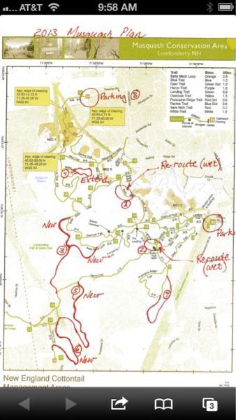 Map of the Musquash Conservation Area in Londonderry, NH, from 2013. The map includes trails, parking areas, and designated routes, with notes in red indicating changes and new trail extensions. Musquash Conservation Area mountain bike trail.
