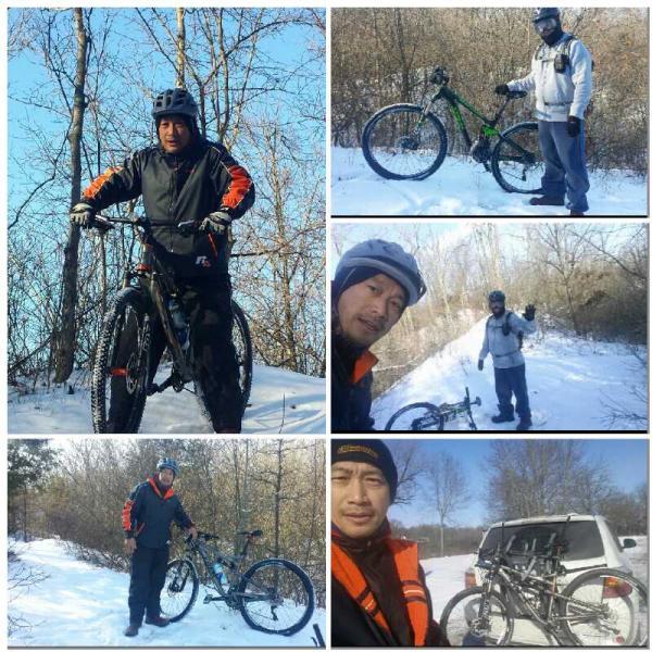A collage of images featuring two individuals engaged in winter mountain biking. The top left shows one person riding a mountain bike on a snowy trail surrounded by trees, while the top right features another person standing beside a green mountain bike. The lower left includes a close-up selfie of one individual wearing a helmet and winter gear. The lower right displays both individuals posing next to an SUV with their bikes in the background. All images capture a cold, sunny day in a snowy outdoor environment. Saw Wee Kee Park mountain bike trail.