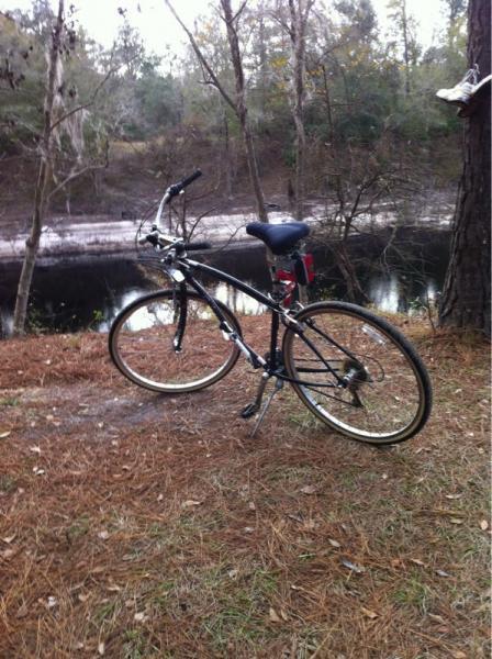 A black bicycle parked on a dirt path surrounded by pine needles, with a calm river visible in the background. Trees and underbrush frame the scene, creating a peaceful outdoor setting. Fosters Hammock mountain bike trail.