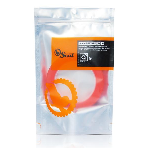 Orange Seal Orange Tape: Alt text: A transparent packaging containing orange 18mm rim tape labeled "Q Seal" for cycling, highlighting its performance features and usage instructions. The package displays a logo with an illustrated bird and gear design.