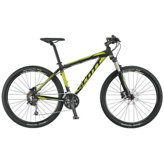 Scott Aspect 730 Bike: A black and lime green mountain bike with a sturdy frame, featuring thick tires and disc brakes, positioned upright against a plain background.