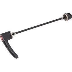 DT Swiss RWS Skewer: A quick release skewer for bicycle wheel mounting, featuring a black lever handle and a long metal rod with a threaded end.
