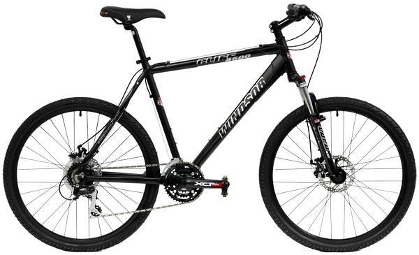 Windsor Cliff 4500: A black mountain bike with a sturdy frame and wide tires, featuring disc brakes and a gear system. The bike has a sleek design, suitable for off-road cycling.