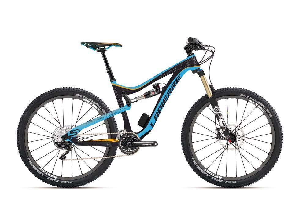Lapierre Zesty AM 527: A modern mountain bike featuring a black and blue frame design, wide tires, and a front suspension fork. The bike is equipped with disc brakes and a multi-speed drivetrain, designed for off-road cycling.