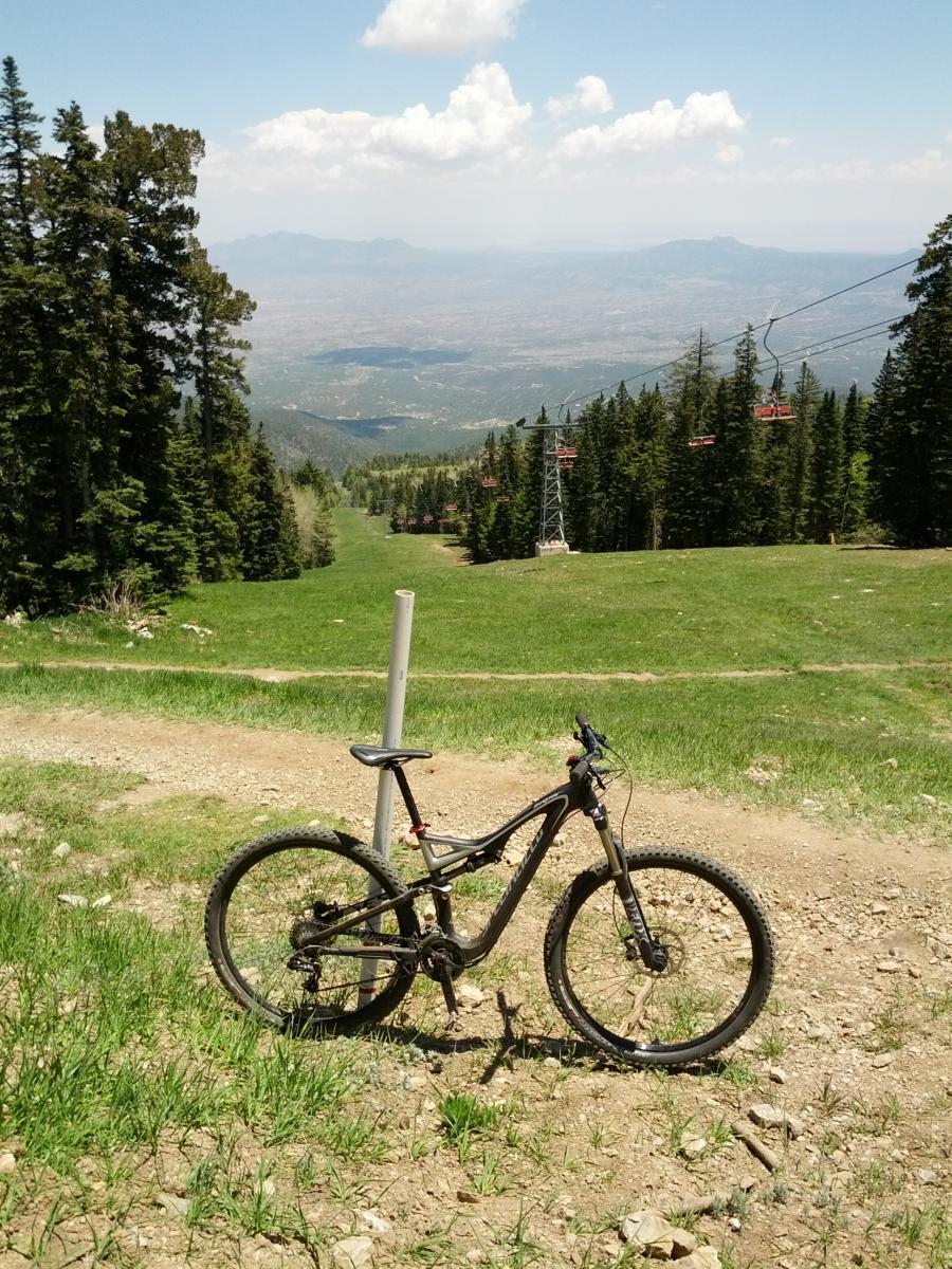 Specialized Stumpjumper FSR Comp Carbon 29: A mountain bike parked on a dirt trail surrounded by tall pine trees, with a scenic view of a valley and distant mountains under a partly cloudy sky. A ski lift can be seen in the background, indicating a recreational area.
