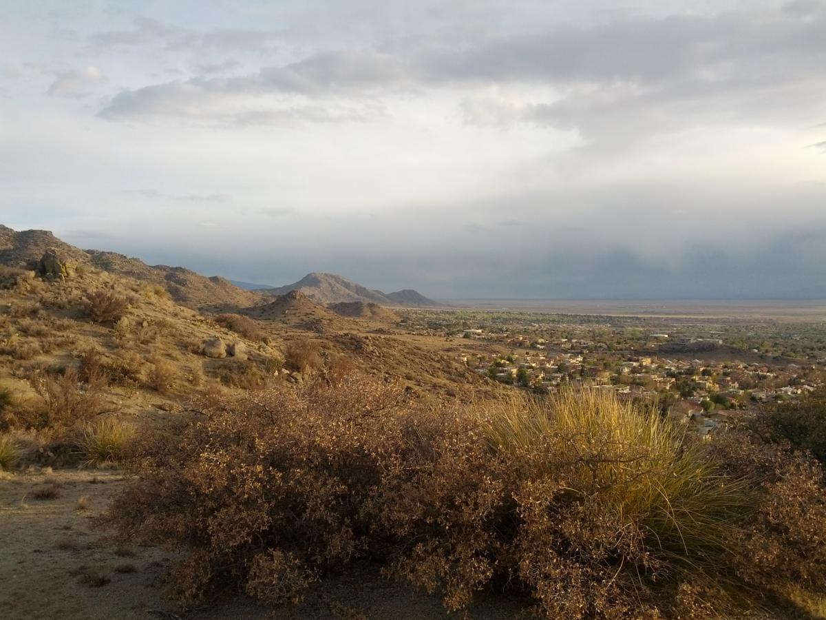 A panoramic view of a desert landscape with rolling hills and sparse vegetation. In the foreground, there are dry bushes and grasses, while the background features distant mountains under a cloudy sky. Below, a small town can be seen nestled in the valley. South Foothills mountain bike trail.