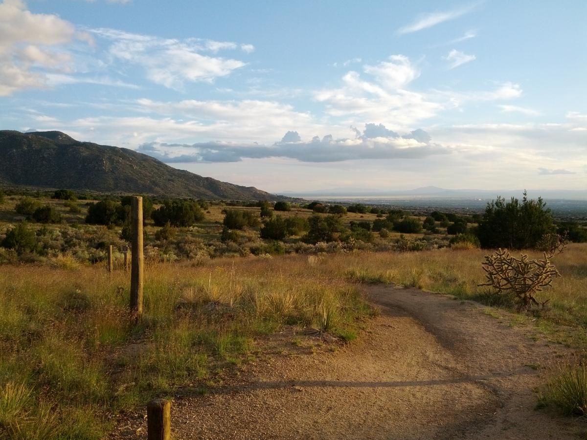 Scenic view of a grassy landscape with a dirt path winding through it, bordered by low shrubs and wooden posts. In the background, rolling hills and mountains are visible under a partly cloudy sky, creating a tranquil outdoor setting. Elena Gallegos Open Space / North Foothills mountain bike trail.