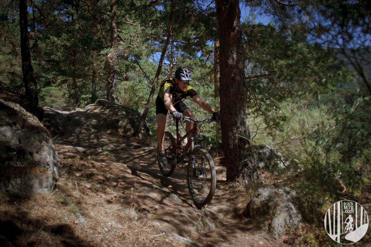 A mountain biker navigating a rocky trail through a forest, surrounded by trees and sunlight filtering through the leaves. The cyclist wears a helmet and cycling gear, showcasing an active outdoor lifestyle. Camino Viejo/Old path mountain bike trail.