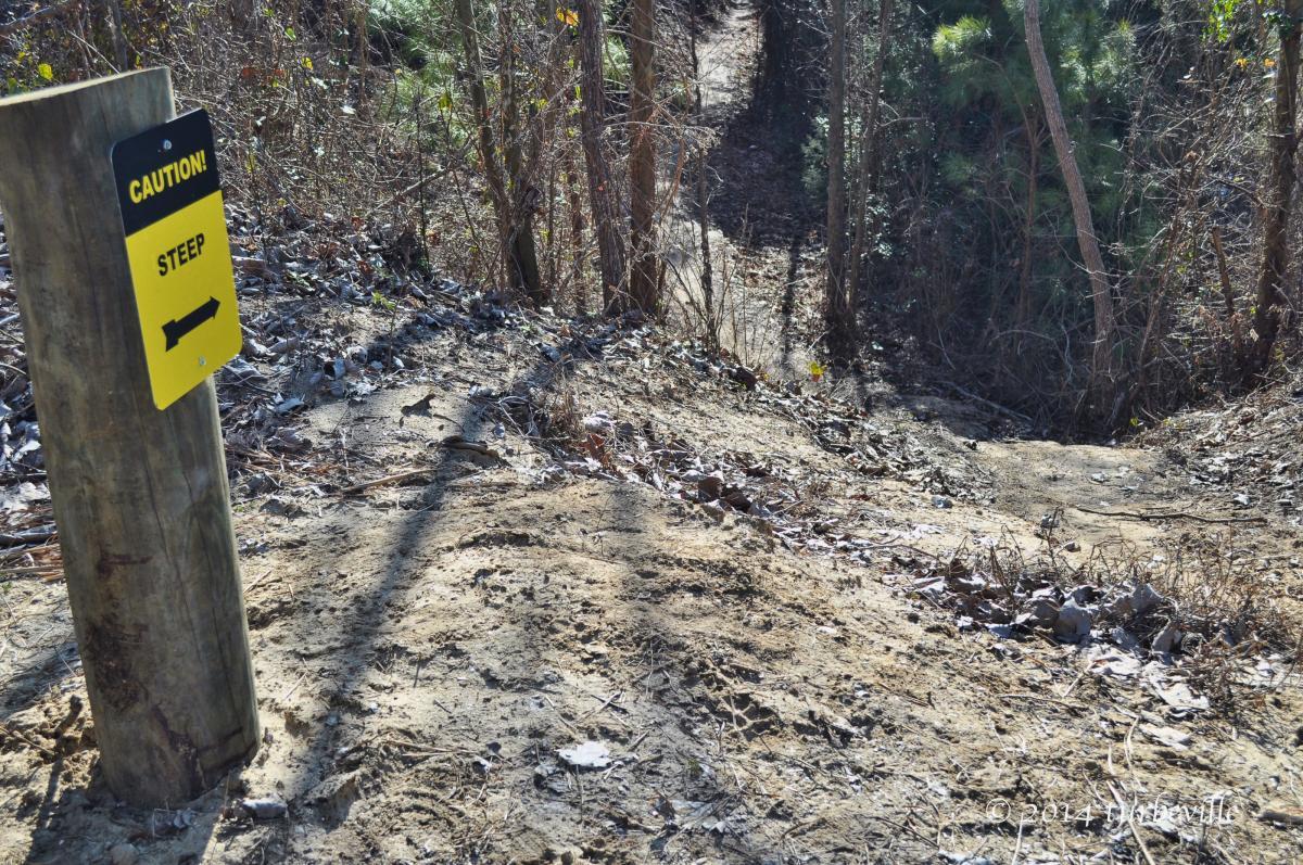 Sign indicating a steep slope on a dirt path in a wooded area, with fallen leaves and trees nearby. The sign reads "Caution! Steep" with an arrow pointing towards the slope. Horry County Bike Run Park mountain bike trail.