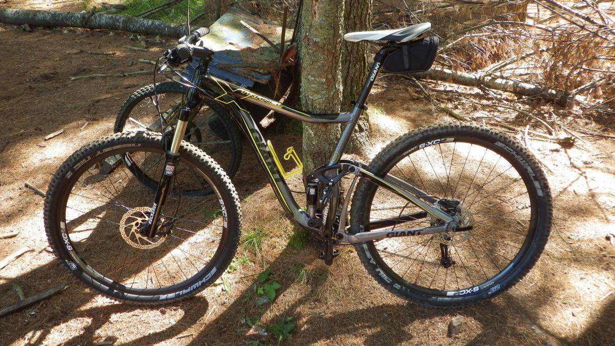 Giant Trance X 29er: A mountain bike with a sleek black and yellow frame, featuring wide tires and front suspension, parked on a forest floor covered in pine needles. In the background, there are trees and some scattered branches.