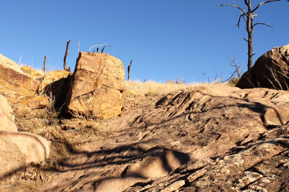 A rocky terrain with large boulders and dry grass under a clear blue sky, featuring a partially barren tree against the backdrop of the landscape. Shadows cast by the rocks create texture on the ground. Oil Well Flats mountain bike trail.