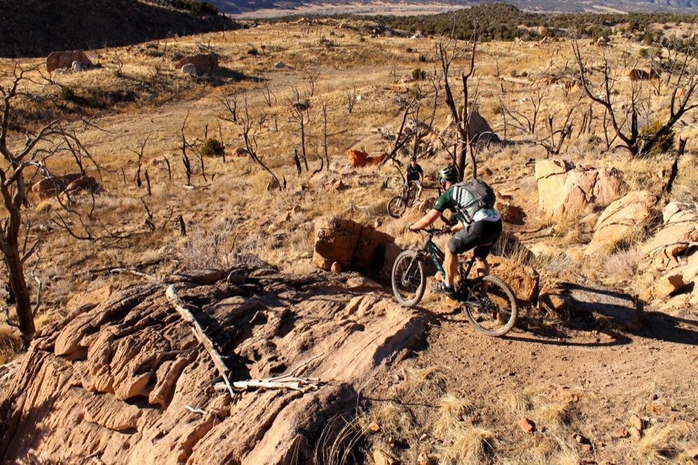 Two mountain bikers navigate rocky terrain in a dry, open landscape with sparse vegetation and dead trees. One biker rides down a rocky slope, while the other is visible further back on the trail, showcasing the ruggedness of the environment. Oil Well Flats mountain bike trail.
