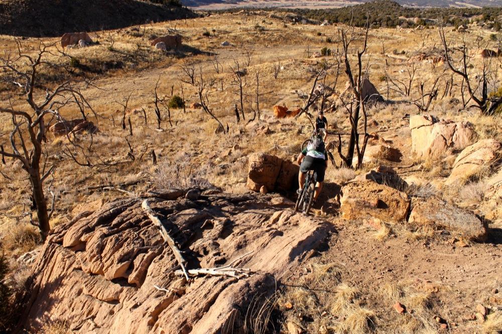 A mountain biker navigates a rocky trail in a dry, open landscape with sparse vegetation and scattered boulders. The area features bare trees and grass, suggesting a rugged environment. Oil Well Flats mountain bike trail.