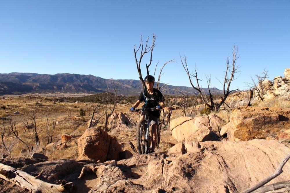 A mountain biker navigating rocky terrain with dry, sparse vegetation and a mountainous background under a clear blue sky. Oil Well Flats mountain bike trail.