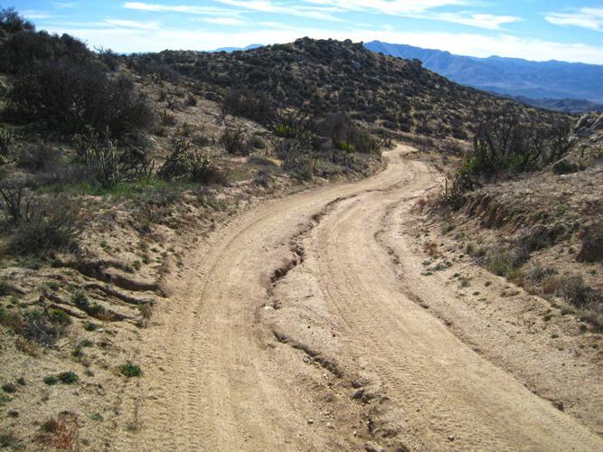 A winding dirt pathway through a rugged, arid landscape, flanked by sparse vegetation and rocky terrains, leading towards distant hills under a blue sky with wispy clouds. Grapevine Canyon mountain bike trail.