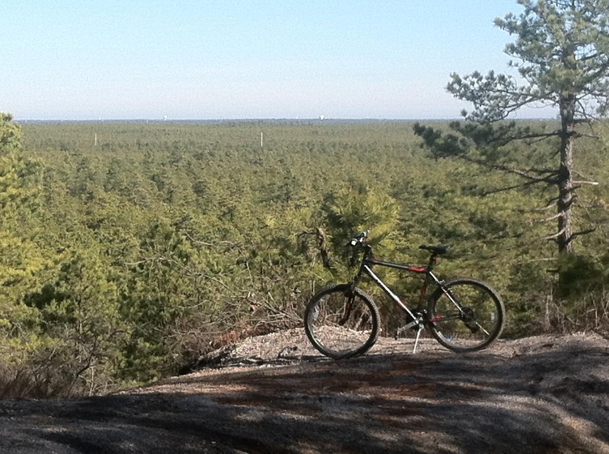 Trek 820: A mountain bike parked on rocky terrain, overlooking a vast expanse of dense pine trees and a clear blue sky in the background.
