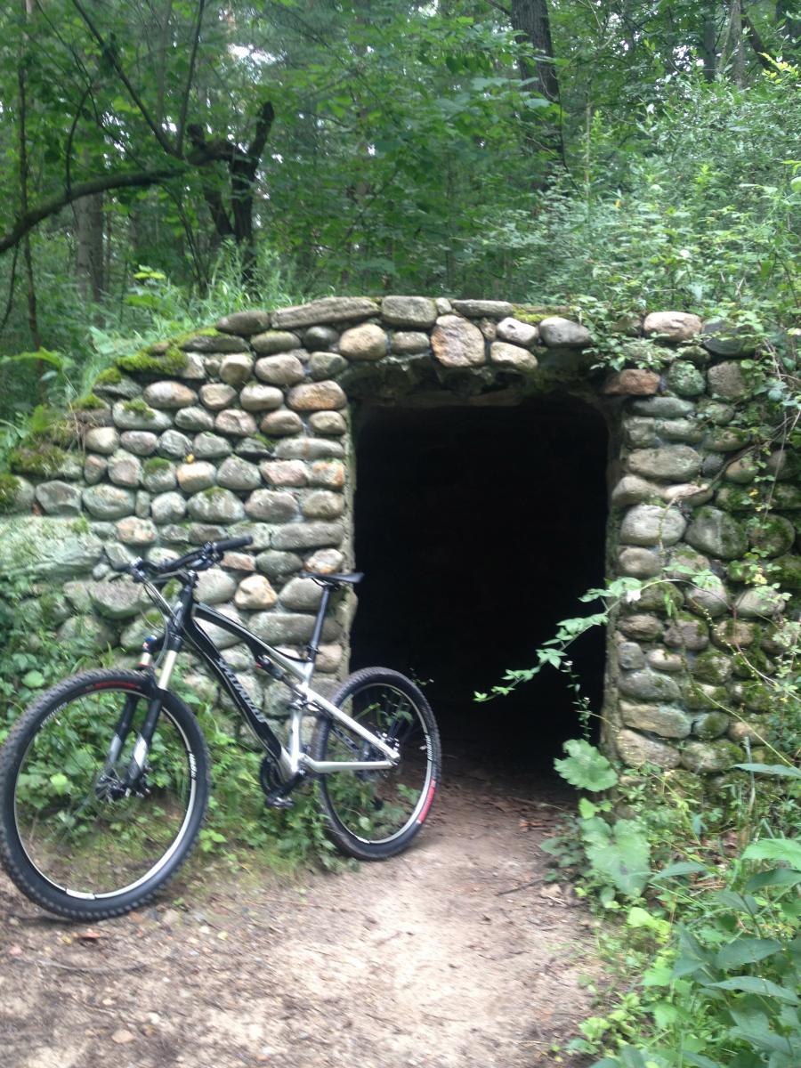 Specialized Epic Comp: A black mountain bike is leaned against a stone archway that leads into a dark tunnel. Surrounding the entrance are lush green plants and trees, creating a natural setting in a forested area. The ground is sandy, indicating a path that leads to the tunnel.