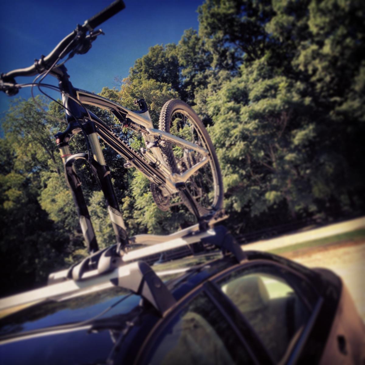 Specialized Epic Comp: A mountain bike securely mounted on the roof rack of a car, set against a backdrop of green trees and a clear blue sky.