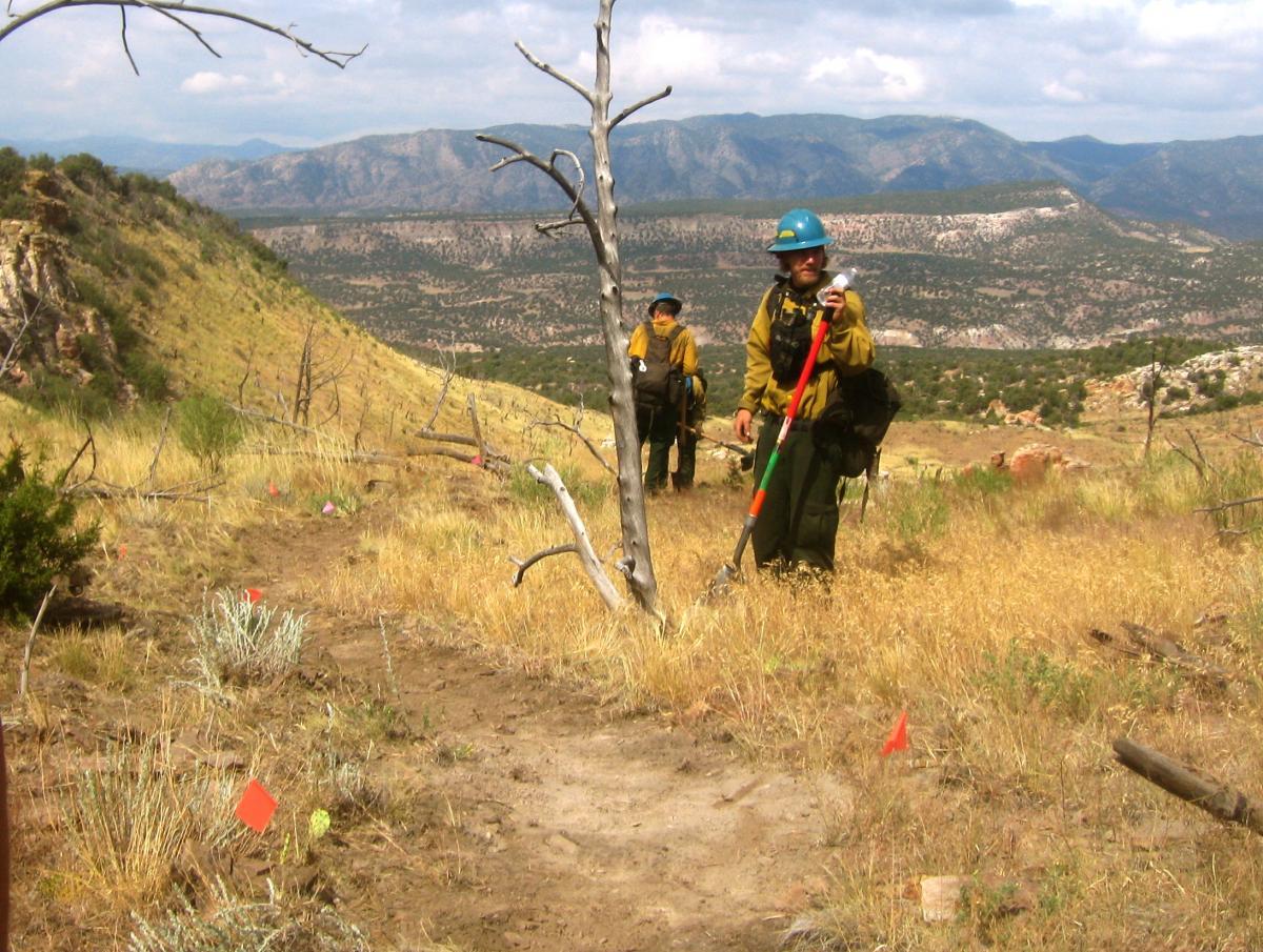 Two individuals dressed in yellow shirts and helmets are working on a grassy hillside. One person is holding a tool, while the other walks with equipment on their back. The landscape features sparse vegetation and scattered flags marking a trail, with mountains visible in the background under a partly cloudy sky. Oil Well Flats mountain bike trail.