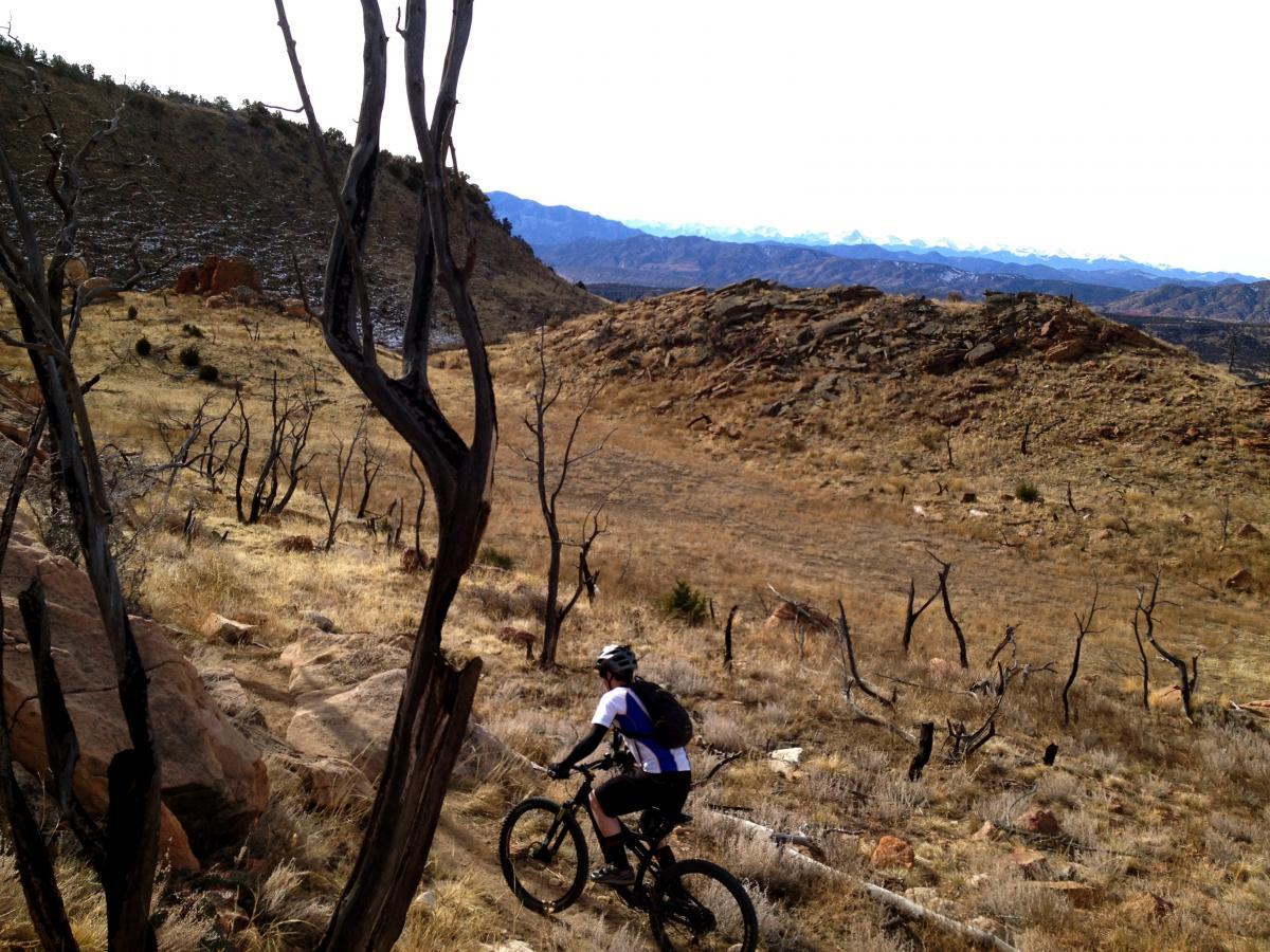 A mountain biker navigates a rocky trail in a rugged, arid landscape, with sparse vegetation and distant mountains in the background. The scene captures a sense of adventure and the beauty of outdoor exploration. Oil Well Flats mountain bike trail.