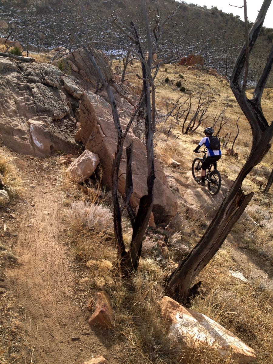 A mountain biker navigates a rocky trail in a dry, grassy landscape, surrounded by sparse vegetation and burnt trees. The terrain features large boulders and a winding dirt path leading into the distance. Oil Well Flats mountain bike trail.