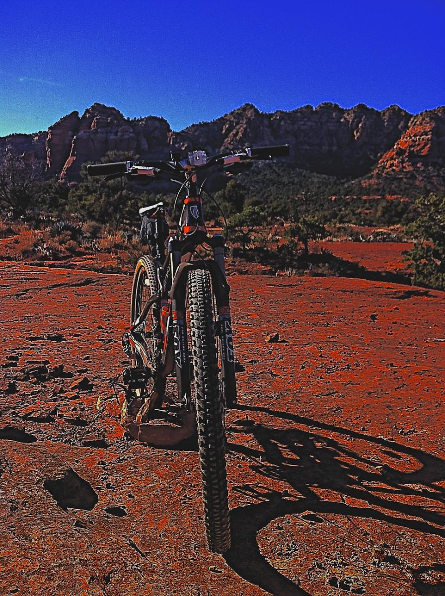 Trek Superfly 100 Elite carbon: A mountain bike positioned on a rocky, reddish terrain, with rugged mountains in the background under a clear blue sky. The image captures the bike from the rear, highlighting its wheels and handlebars, casting a shadow on the ground.