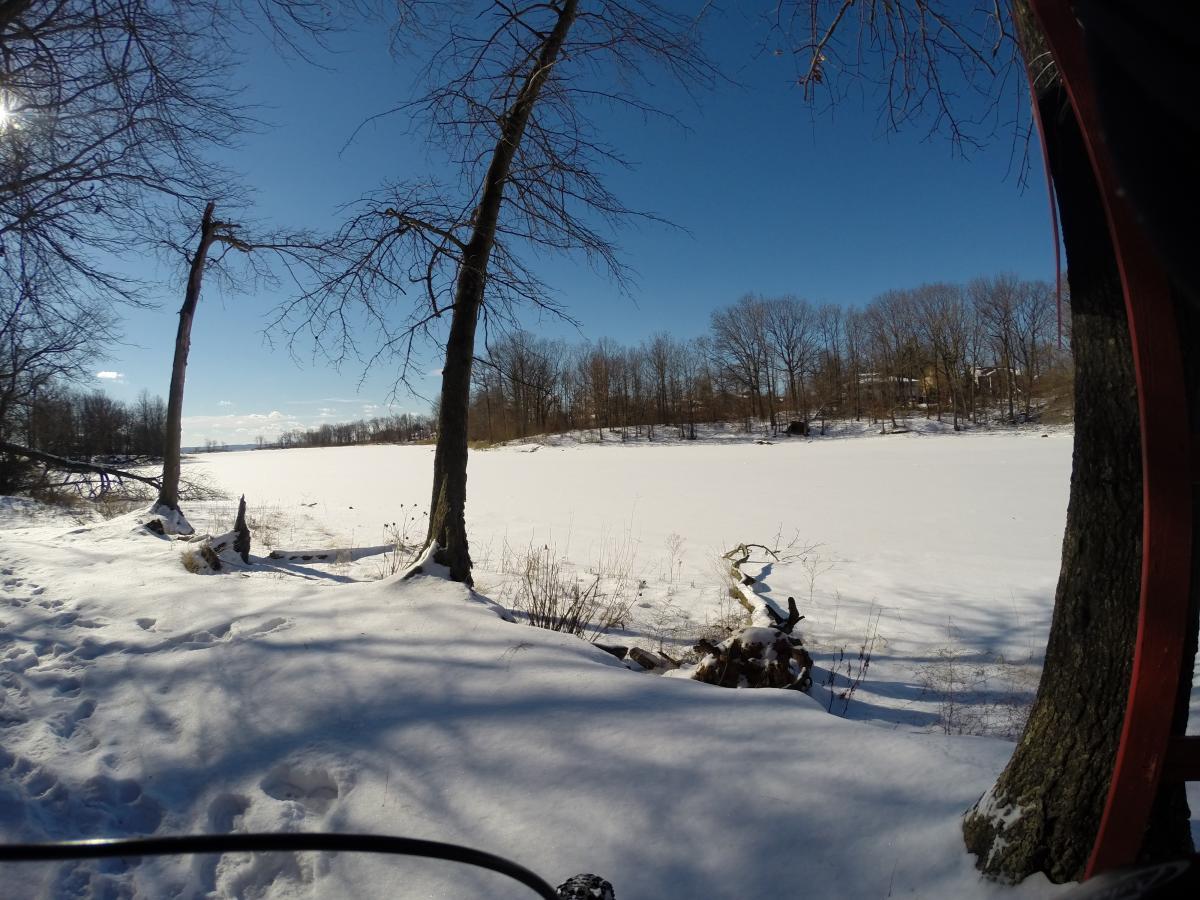 A serene winter scene showcasing a frozen lake and snow-covered landscape, framed by bare trees on either side. The sky is clear and bright blue, with scattered clouds, creating a tranquil atmosphere. Snow blankets the ground and tree stumps, highlighting the beauty of the winter environment. Wolfes Pond park mountain bike trail.
