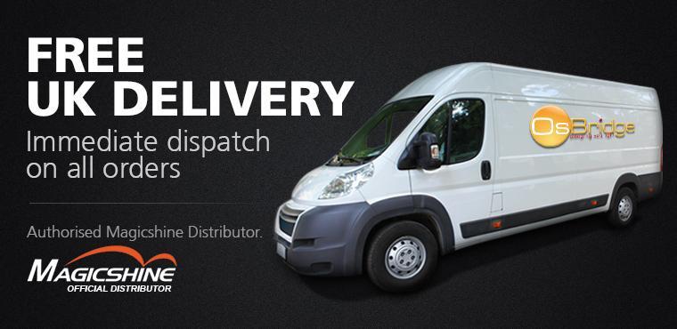 A delivery van with the logo "OsBridge" on its side, promoting "Free UK Delivery" and "Immediate dispatch on all orders." The design includes the "Magicshine Official Distributor" branding, emphasizing the company