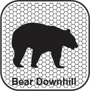 Motobecane 400HT: A silhouette of a bear standing in profile, set against a honeycomb-patterned background, with the text "Bear Downhill" displayed underneath.