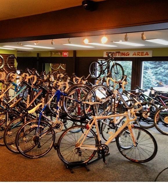 A well-organized bike shop interior displaying a variety of bicycles on racks, showcasing multiple styles and colors. Natural light filters through large windows, enhancing the inviting atmosphere. A sign reading "Fitting Area" is visible, indicating a dedicated space for bike fittings.