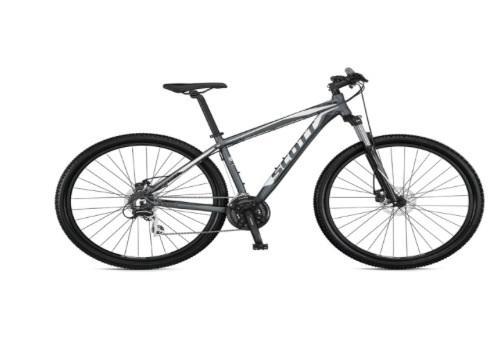 Scott Aspect 950: A sleek grey mountain bike with disc brakes, showcased from the side on a white background. The bike features a lightweight frame, knobby tires, and a gear system for off-road cycling.