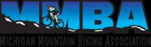 Logo of the Michigan Mountain Biking Association (MMBA) featuring a cyclist riding on a trail with mountains in the background. The text prominently displays "MMBA" in large blue letters, with "Michigan Mountain Biking Association" in smaller text below.
