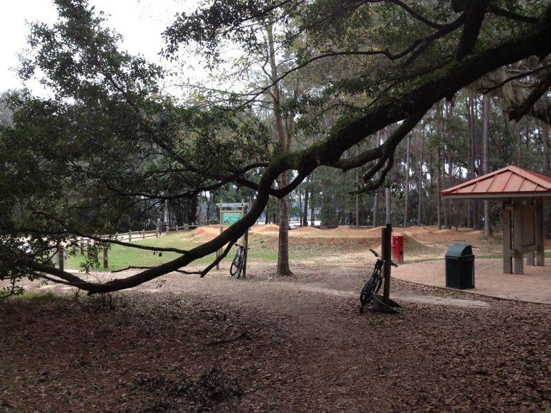 A scenic view of a park featuring a large overhanging tree branch in the foreground. In the background, there are bicycles parked near a path, with a picnic shelter and trash can visible. The area is surrounded by trees, and a sign can be seen in the distance. The ground is covered with fallen leaves, creating a natural, tranquil atmosphere. Tom Brown / Lafayette Heritage Park mountain bike trail.