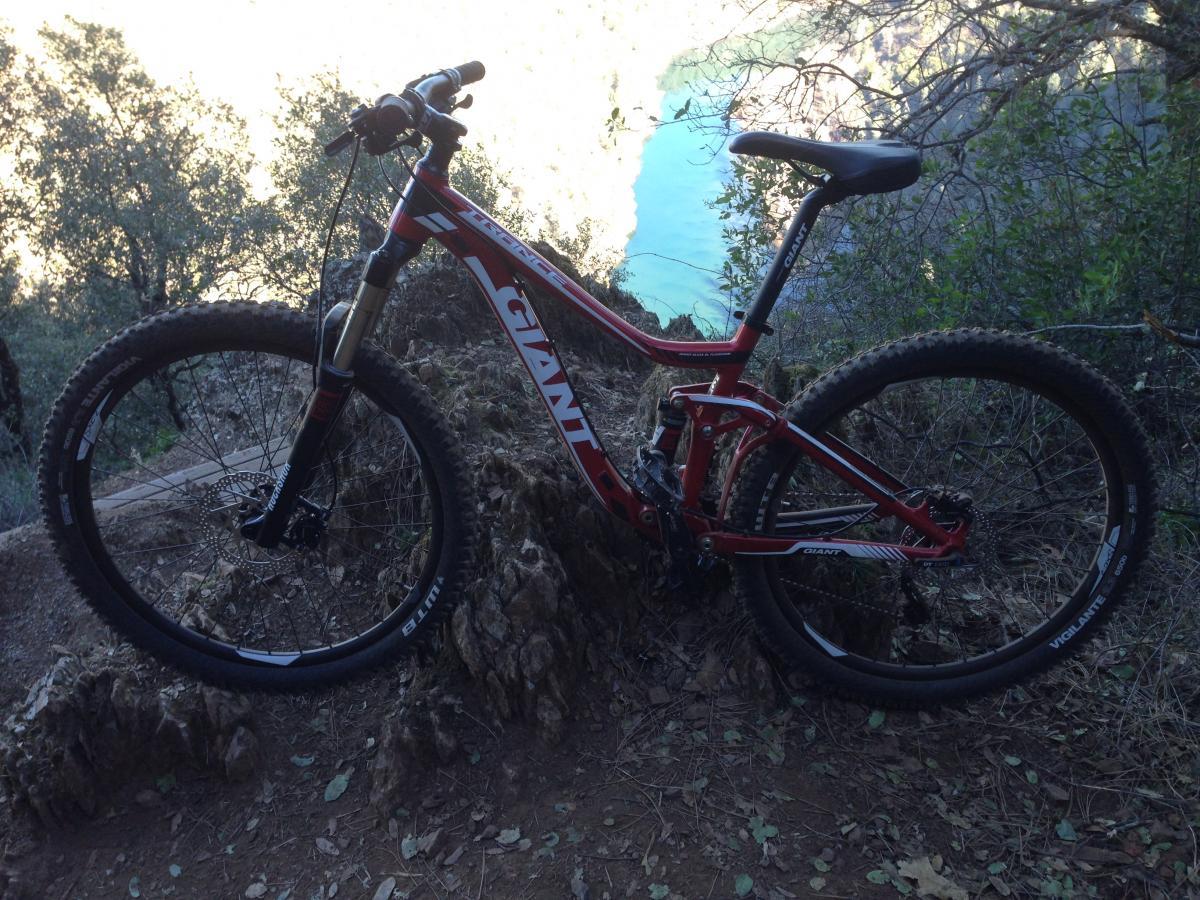 A red mountain bike leaning against a rocky outcrop, surrounded by greenery. In the background, a body of water is visible, with sunlight reflecting off its surface. The bike has thick tires suitable for off-road terrain, and the brand name "Giant" is prominently displayed on the frame. Clementine / Forresthill Connector Trail mountain bike trail.