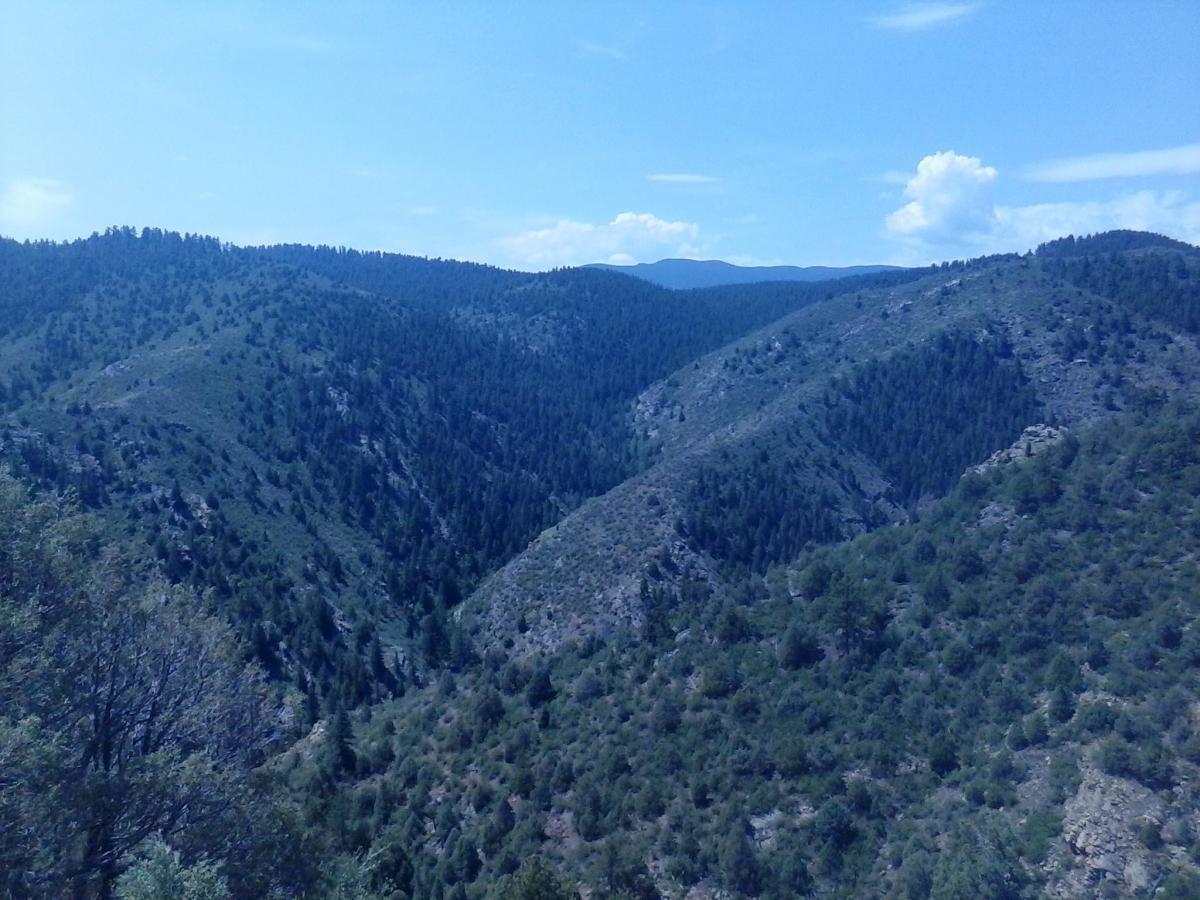 A panoramic view of rolling green hills and mountains under a blue sky with a few fluffy clouds, showcasing a lush, forested landscape. Centennial Cone Park mountain bike trail.