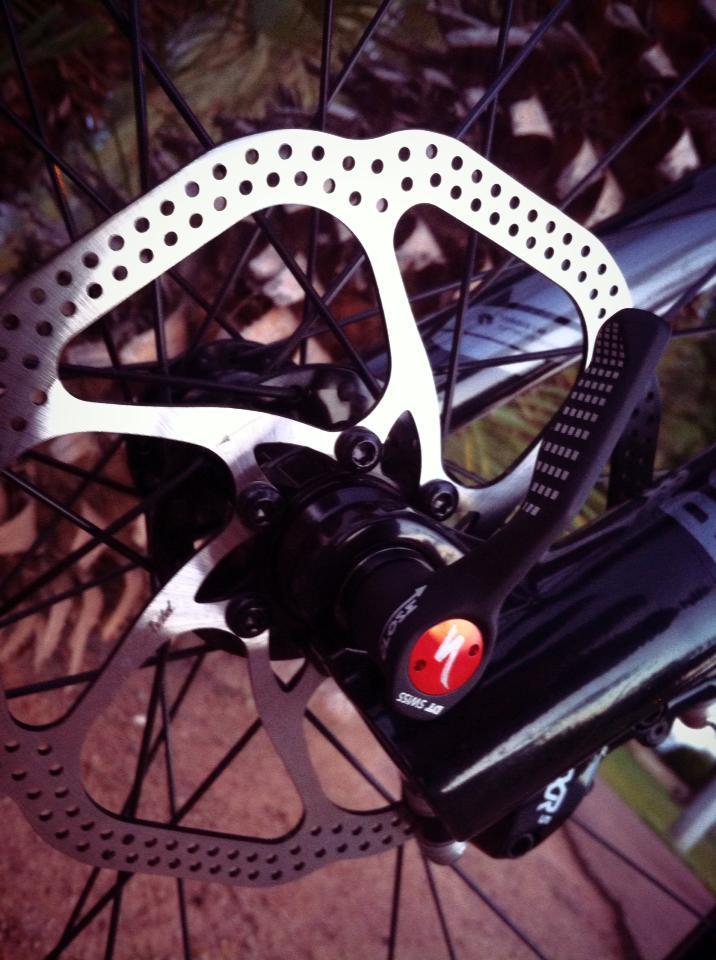 Specialized Rumor Comp: Close-up image of a bicycle disc brake rotor and hub, showcasing the intricate design of the rotor with perforations and the attached brake caliper, with a blurred background of natural elements.