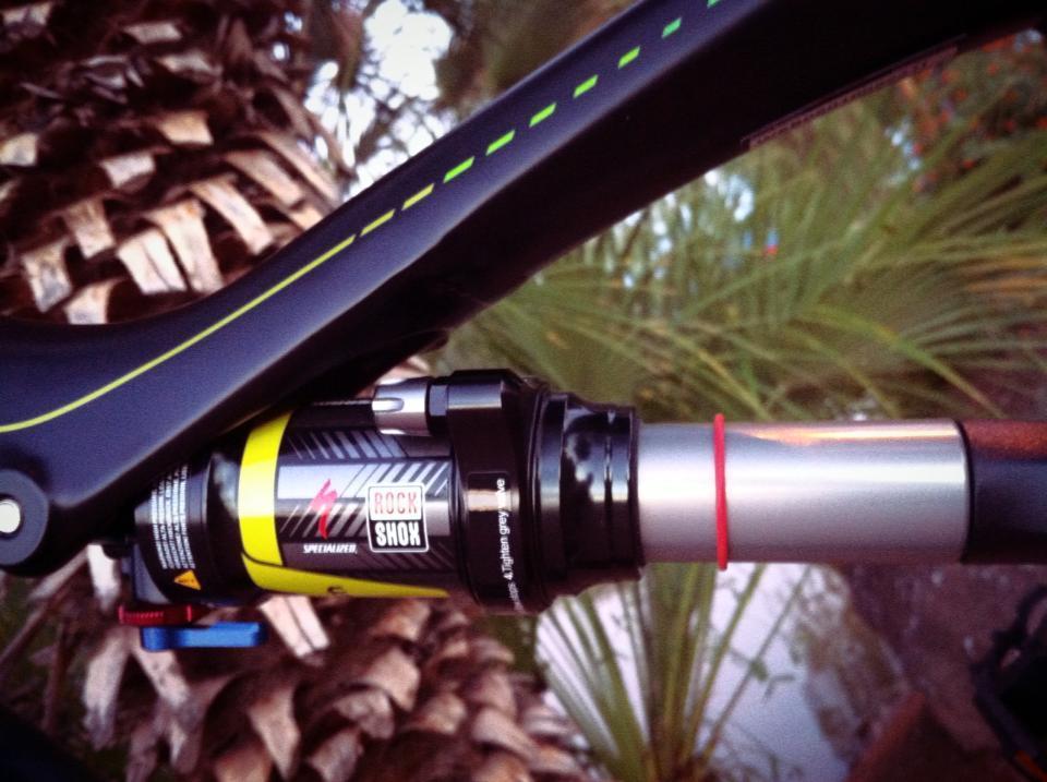 Specialized Rumor Comp: Close-up view of a bicycle's rear shock absorber, featuring the RockShox branding. The shock is mounted on a sleek black frame with green detailing, surrounded by palm leaves in the background.