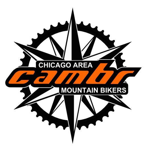 Logo of the Chicago Area Mountain Bikers (CAMBR) featuring a compass design surrounded by a gear motif, with the text "Chicago Area CAMBR Mountain Bikers" prominently displayed in a bold font. The color scheme includes black and orange.