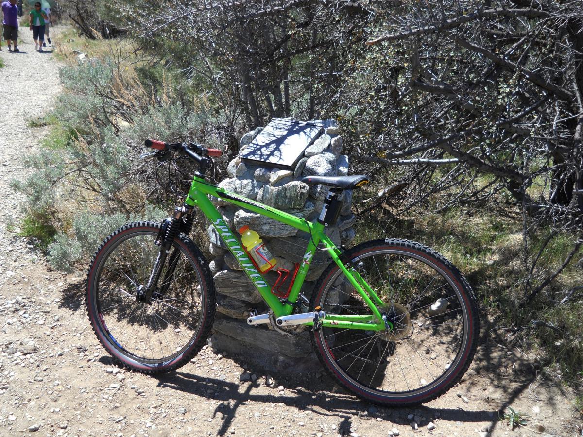 Specialized Rockhopper: A bright green mountain bike leans against a stone structure on a gravel path surrounded by shrubs and trees. A bottle of sports drink is attached to the bike. In the background, two people are walking on the trail.