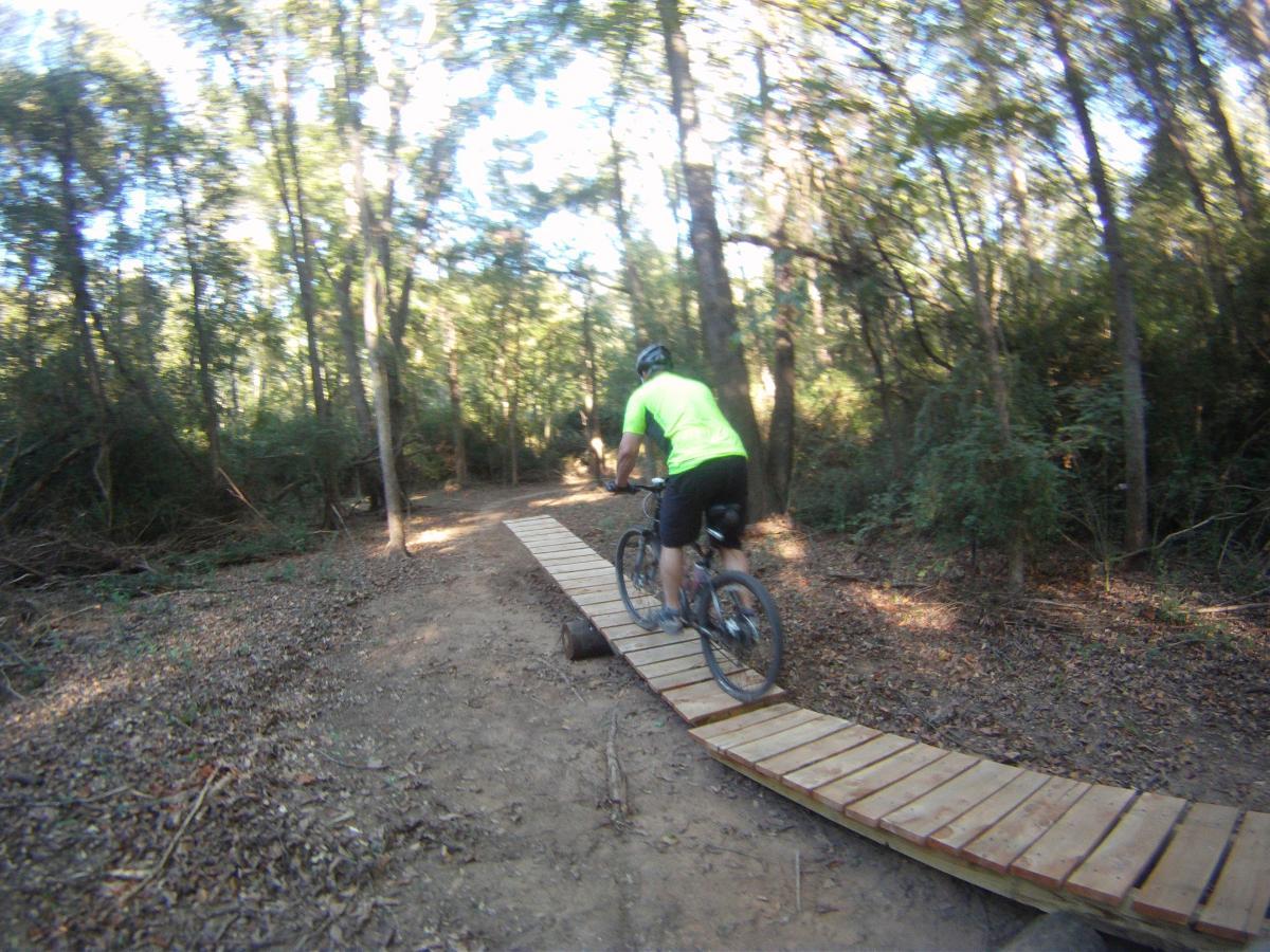 A mountain biker riding on a wooden plank bridge through a forested trail, surrounded by trees and underbrush, with dappled sunlight filtering through the leaves. Spadra Creek Nature Trail mountain bike trail.